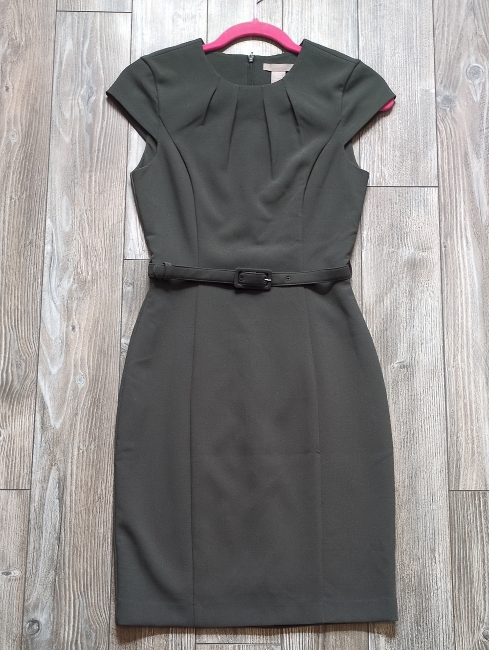 H&M Olive Green Cap-Sleeve Midi Sheath Dress with Belt XS NWT